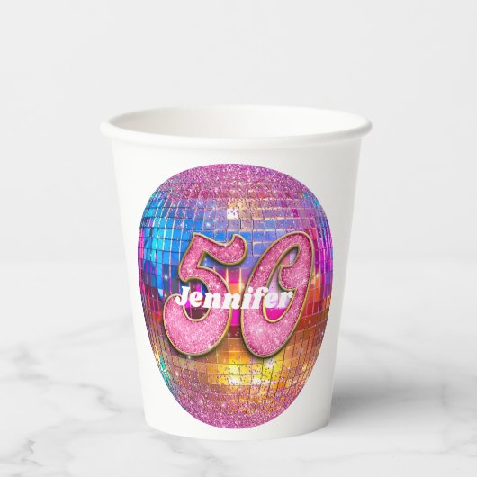 50e verjaardag roze glitter groovy jaren 70 discob papieren bekers (Voorkant)