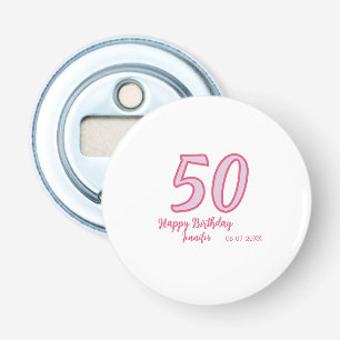 50e verjaardag roze paars vetgedrukt naam eenvoudi button flesopener