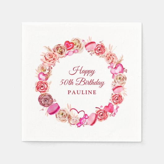 50e verjaardag Roze Rose Swirly Heart Valentijns's Servet (Voorkant)