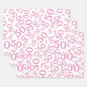 50e verjaardag Roze & Wit Random Number Pattern Inpakpapier Vel