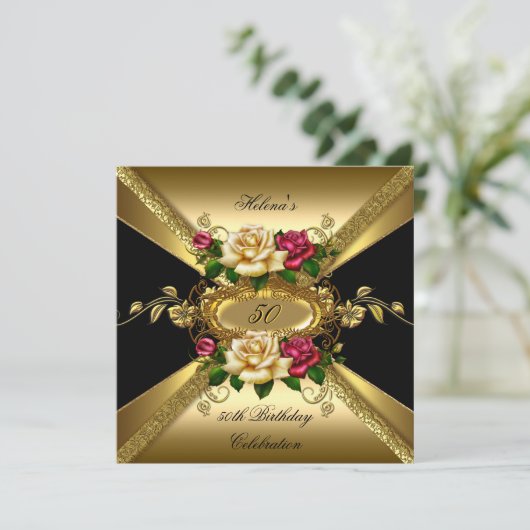 50e verjaardag Rozen Red Cream Gold Kaart (Staand voorkant)