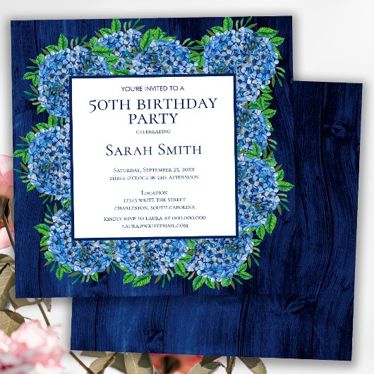 50e verjaardag Rustic Wood Blue Hydrangeas Party Kaart