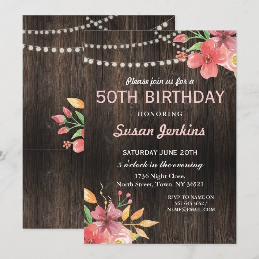 50e verjaardag Rustic Wood Pink Flower Invitation Kaart (Voorkant / Achterkant)