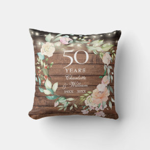 50e verjaardag Rustieke houten bloemenslingerlampj Kussen