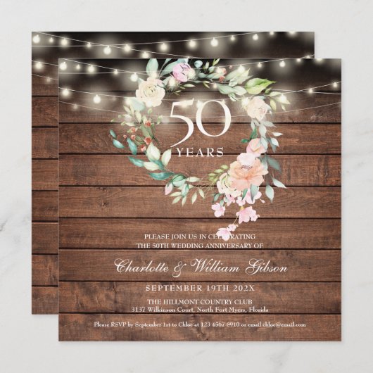 50e verjaardag Rustieke slingerlichtjes bloem Kaart (Voorkant / Achterkant)