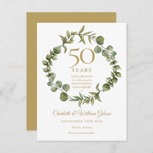 50e verjaardag Save the Date Woodland Greenery Aankondigingskaart (Voorkant / Achterkant)