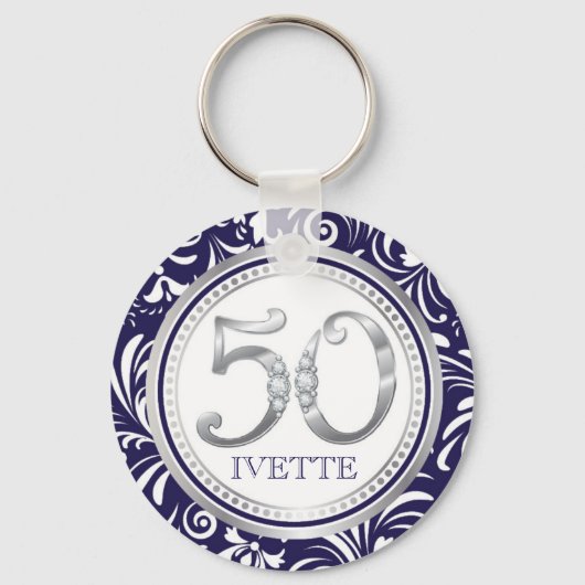 50e verjaardag Sleutelhanger-Navy Blue & Silver Sleutelhanger (Voorkant)