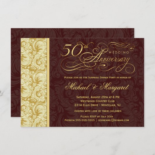 50e verjaardag Surprisefeest - Goud Damast Kaart (Voorkant / Achterkant)