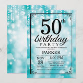 50e verjaardag Uitnodiging Blauwgroen Glitter (Voorkant / Achterkant)