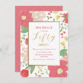 50e verjaardag uitnodiging - Goud, Elegant Floral (Voorkant / Achterkant)