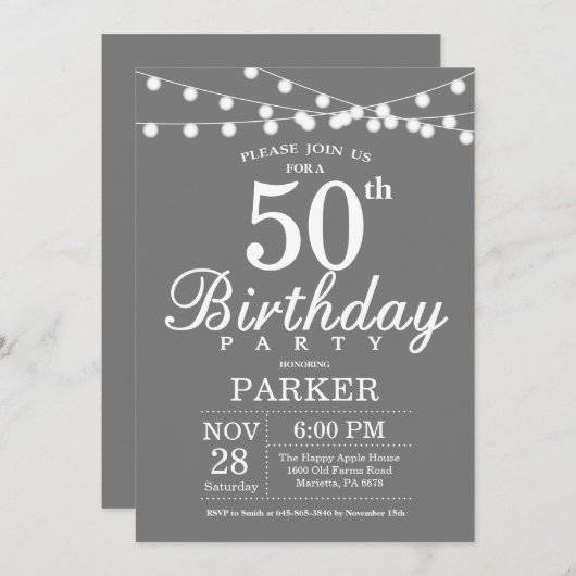 50e verjaardag uitnodiging grijs en wit (Voorkant / Achterkant)