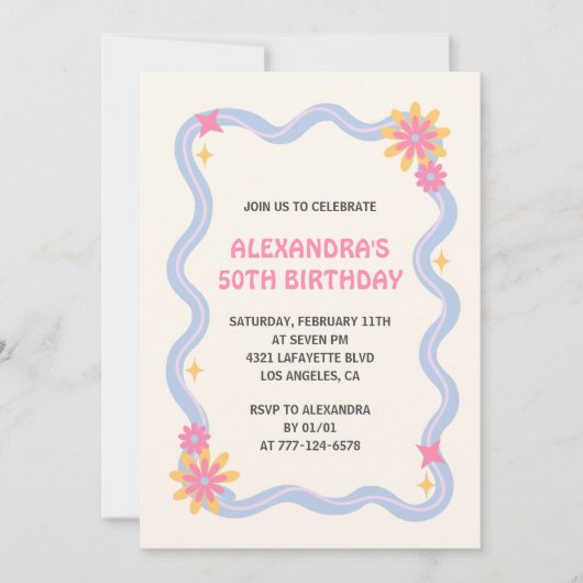 50e verjaardag uitnodiging Retro Groovy Pink Flowe (Voorkant)