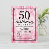 50e verjaardag uitnodiging roze glitter (Staand voorkant)