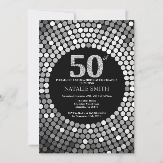 50e verjaardag uitnodiging zwart en zilver glitter (Voorkant)