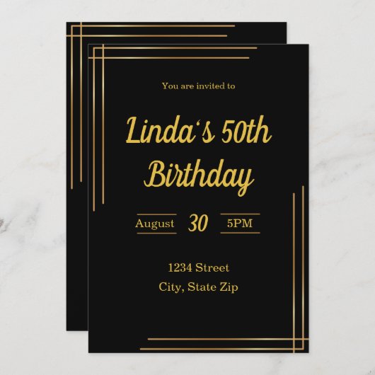 50e verjaardag uitnodiging – Zwart & Goud | elegan (Voorkant / Achterkant)