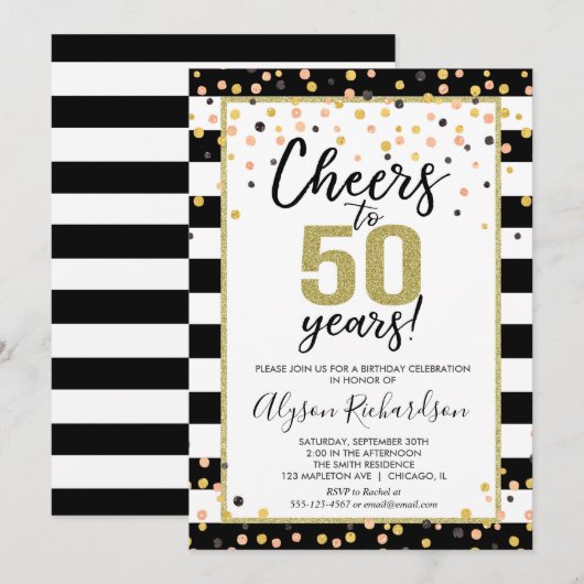 50e verjaardag uitnodigingen, zwart en goud confet kaart (Voorkant / Achterkant)