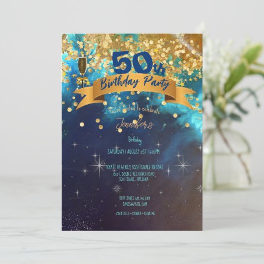 50e verjaardag van Blauwe Goudsparken Classy Invi Kaart (Staand voorkant)