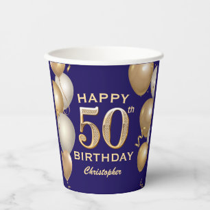 50e verjaardag van de marineblauw en goudballonnen papieren bekers