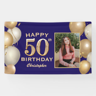 50e verjaardag van de marineblauw en goudballonnen spandoek