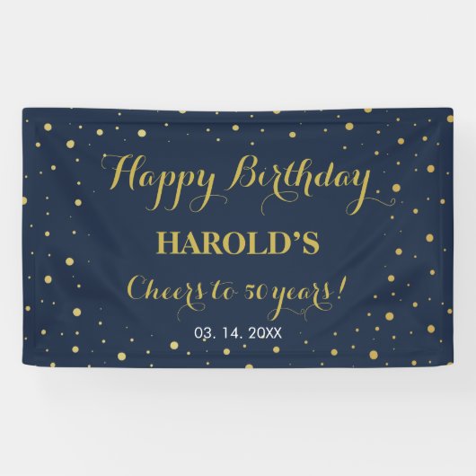 50e verjaardag van de Moderne Gold Confetti Navy Spandoek (Horizontaal)