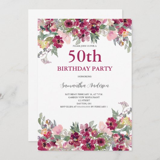 50e verjaardag van de Waterverf Floral Kaart (Voorkant / Achterkant)