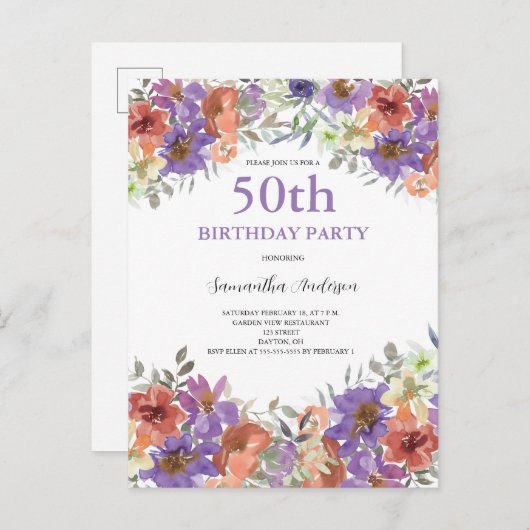 50e verjaardag van de Waterverf Floral Uitnodiging Briefkaart (Voorkant / Achterkant)