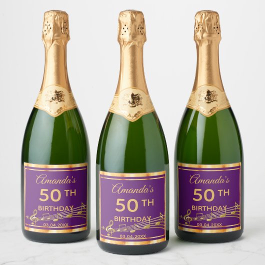 50e verjaardag van elegante paarse en gouden muzie sparkling wijnetiket (Flessen)