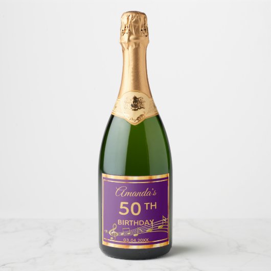 50e verjaardag van elegante paarse en gouden muzie sparkling wijnetiket (Voorkant)
