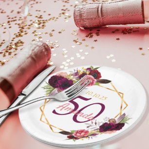 50e verjaardag van het feest van de burgundy flora papieren bordje