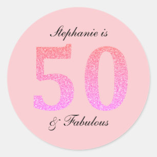 50e verjaardag Vijftig Fabulous Naam Roze Glitter Ronde Sticker