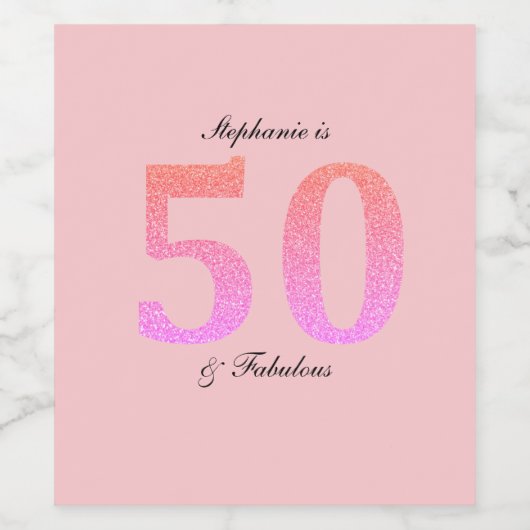 50e verjaardag Vijftig Fabulous Naam Roze Glitter Wijn Etiket (Enkel label)