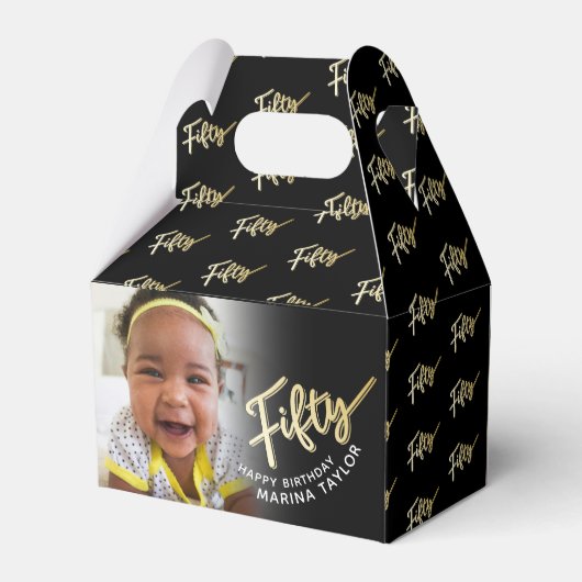 50e verjaardag Vijftig script gouden zwarte foto Bedankdoosjes (Achterkant)