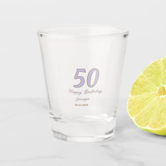 50e verjaardag voeg naam datum jaar paars bruin mo shot glas (Voorkant)