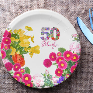 50e verjaardag Vrouwelijk Bloemen Modern Party Papieren Bordje