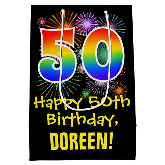 50e verjaardag: Vuurwerk Fun Pattern + Regenboog 5 Medium Cadeauzakje (Achterkant)