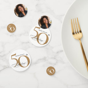 50e verjaardag White Gold Elegant Calligraphy Chic Confetti