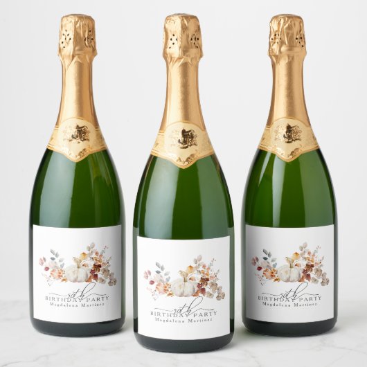 50e Verjaardag Witte Pompoen Herfst Bloemen Aangep Sparkling Wijnetiket (Flessen)