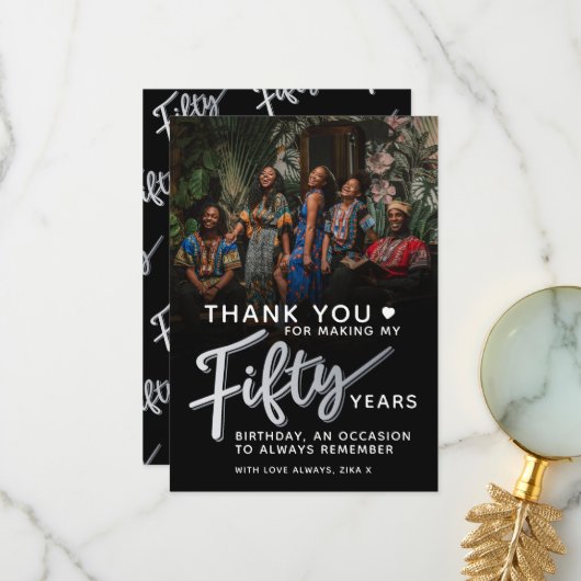 50e verjaardag Zilver Zwart Vijftig script Foto Bedankkaart (Voorkant / Achterkant in situ)