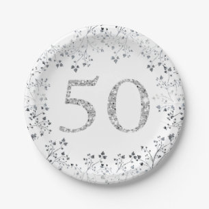 50e verjaardag, zilveren glitter, op maat papieren bordje