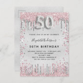 50e verjaardag zilverroze metalen glitterstof uitnodiging briefkaart (Voorkant / Achterkant)