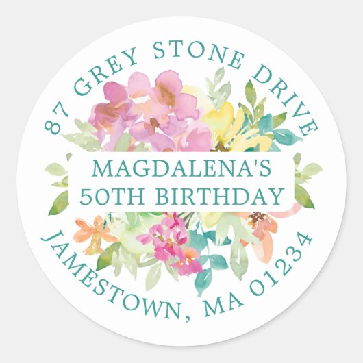 50e verjaardag zomer bloemen retour adres label (Voorkant)