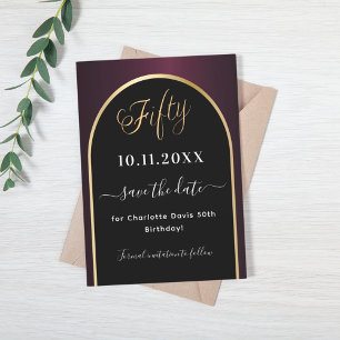 50e verjaardag zwart bordeauxrood gouden boog save the date