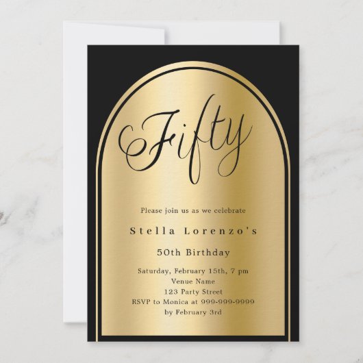 50e verjaardag zwart goud boog script luxe kaart (Voorkant)