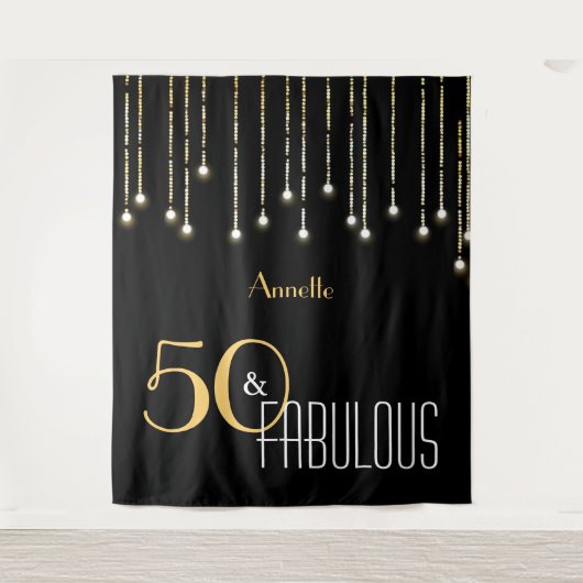 50e Verjaardag Zwart Goud Foto Booth Achtergrond Wandkleed (Voorkant)