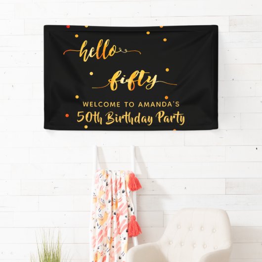 50e verjaardag zwart goud hallo naamscript 50 spandoek (Insitu)