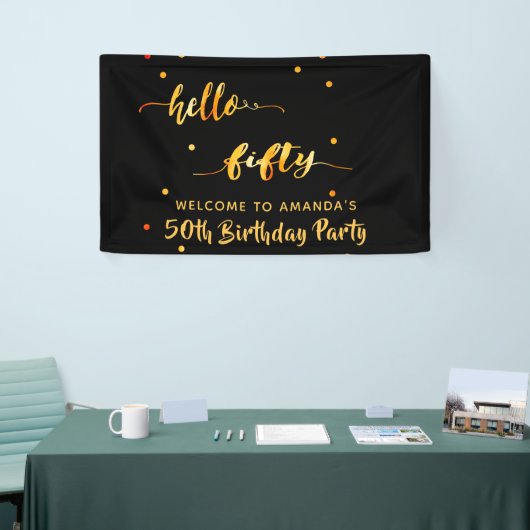 50e verjaardag zwart goud hallo naamscript 50 spandoek (Beurs)
