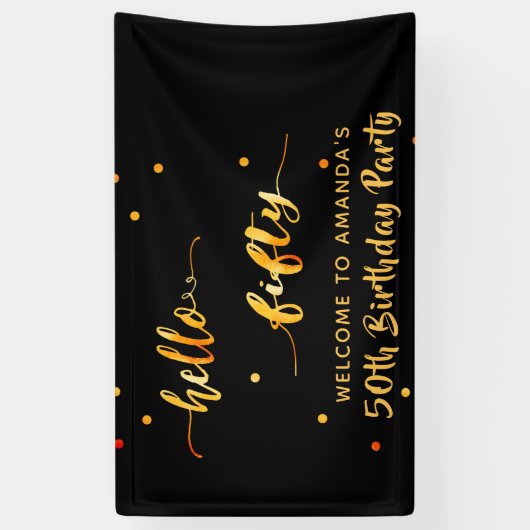 50e verjaardag zwart goud hallo naamscript 50 spandoek (Verticaal)