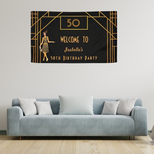 50e verjaardag zwart goud in de kunstdecostijl van spandoek