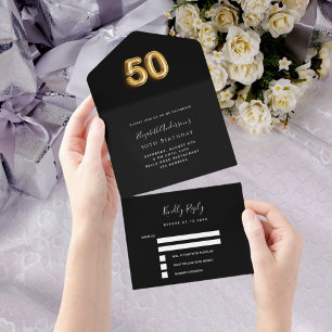 50e verjaardag zwart goud RSVP All In One Uitnodiging