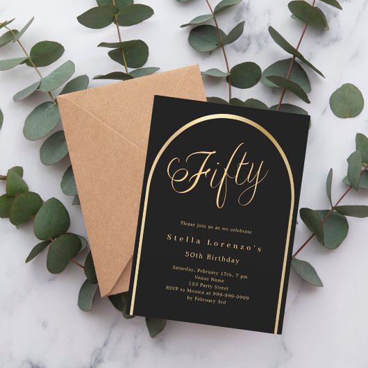 50e verjaardag Zwart Gouden Ark Elegant script Kaart